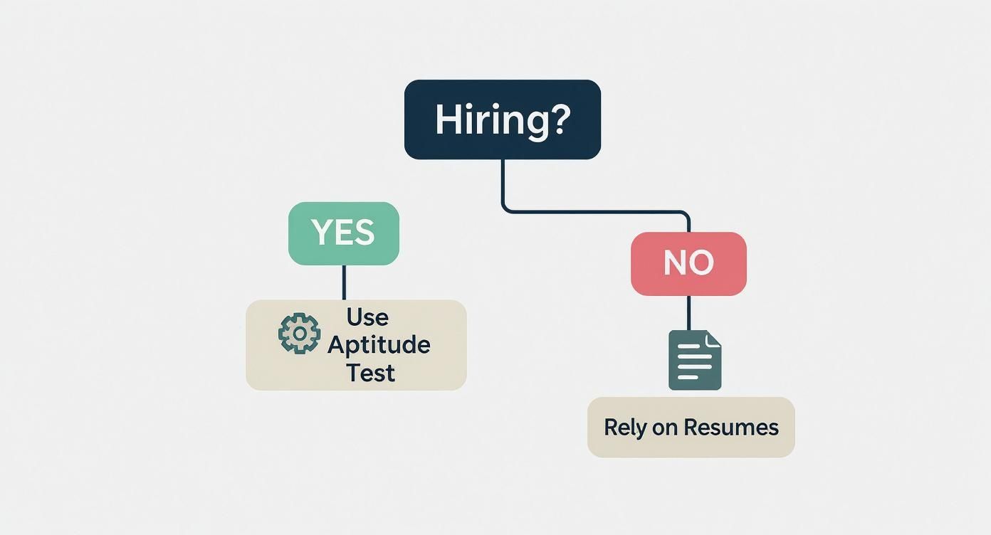 Flowchart showing hiring decision process: use aptitude tests if hiring, rely on resumes if not