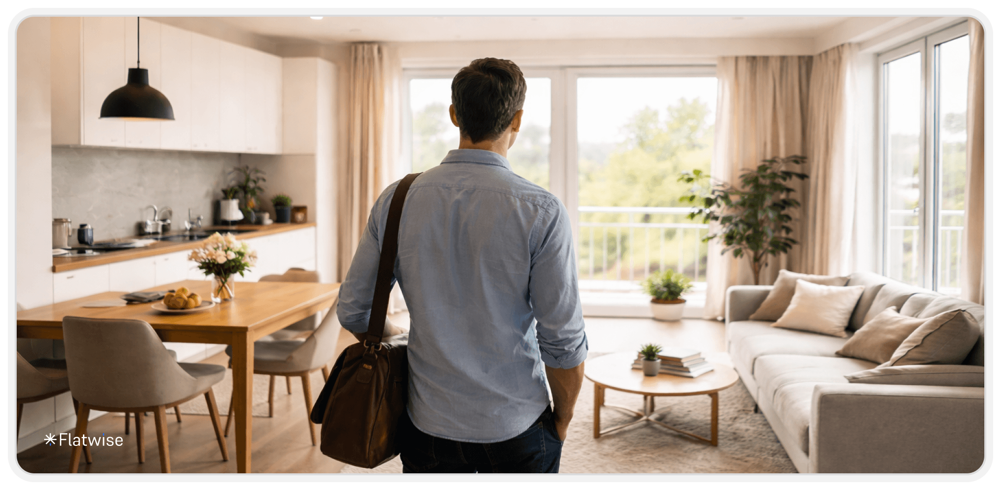 Ein schön möblierer Wohnraum. In der Mitte steht ein Mann mit dem Rücken zur Kamera, der in den Wohnraum schaut.