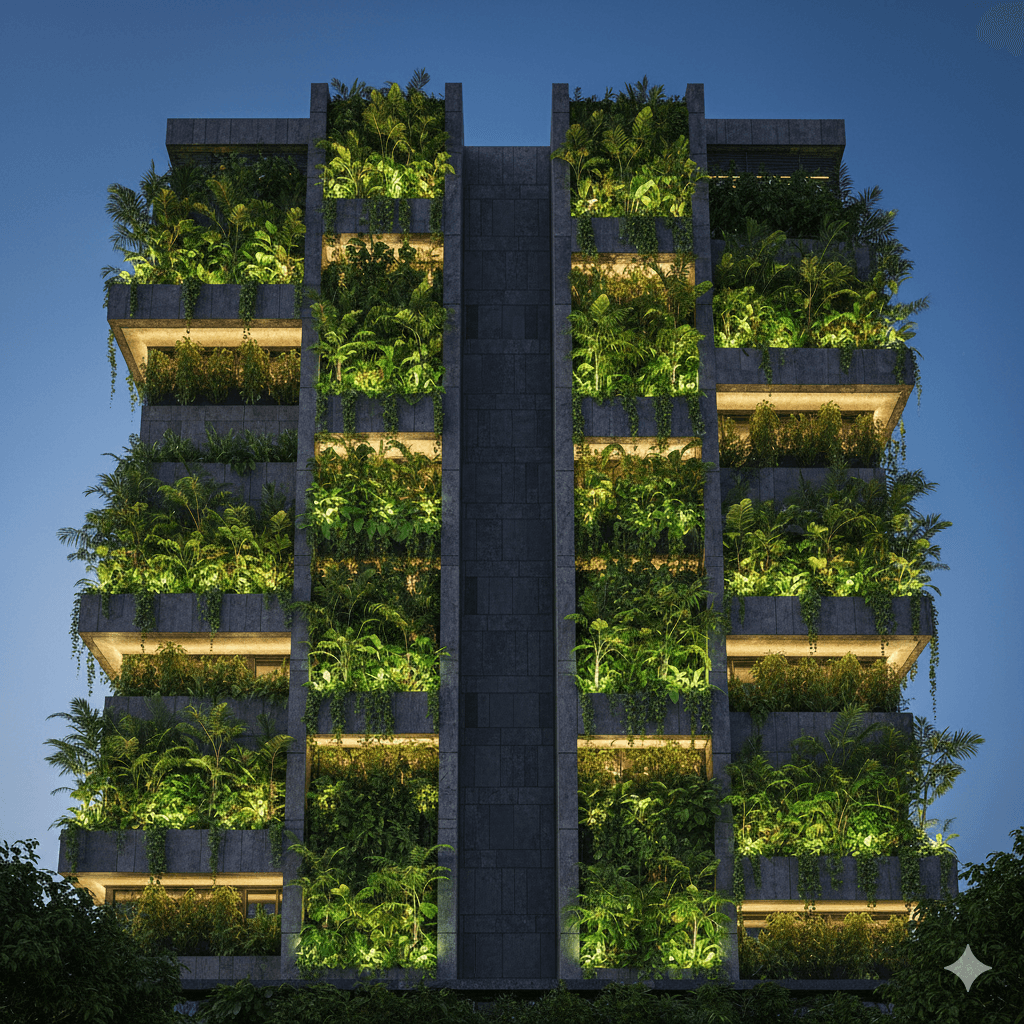 Sustainable architectural facade featuring vertical gardens and stone walls in a premium residential project