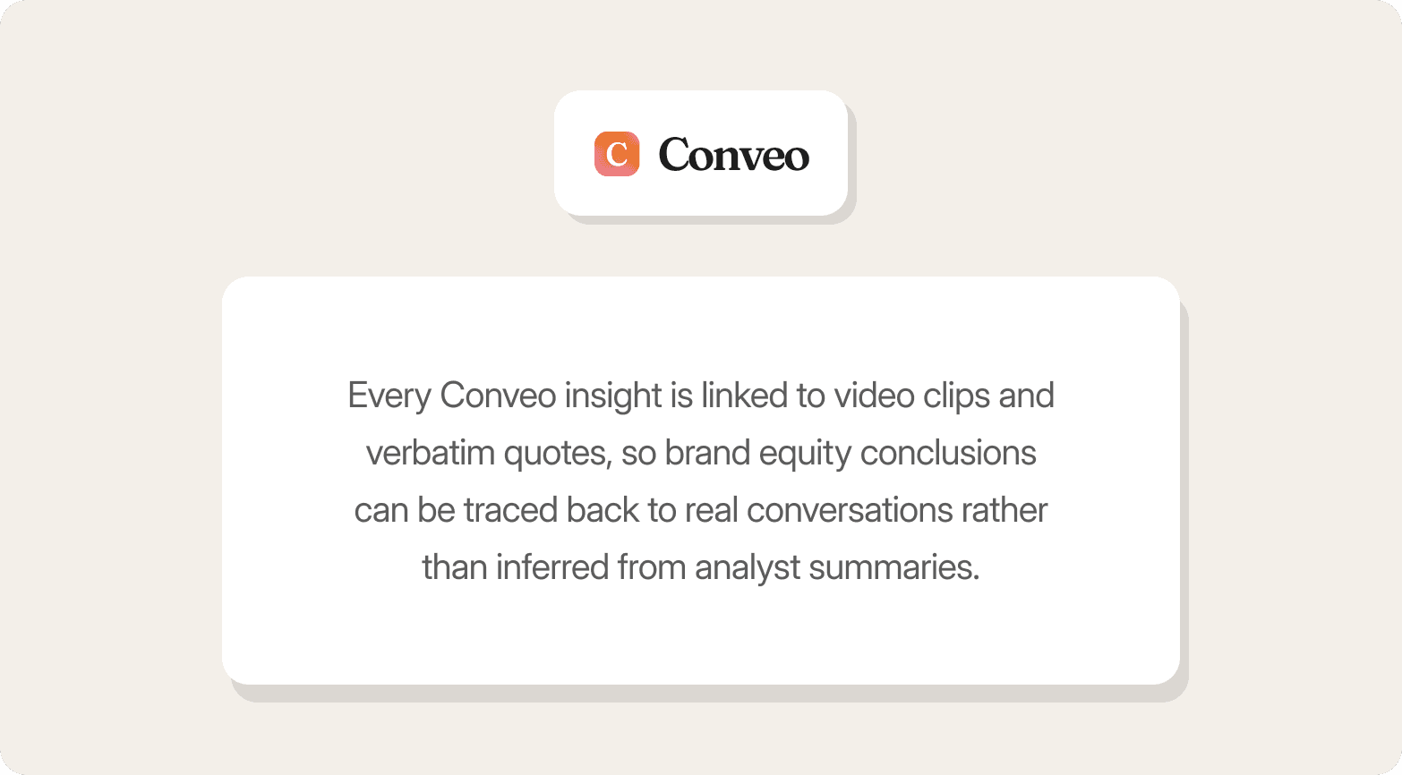 A promotional graphic on a warm off-white background featuring the Conveo logo — a gradient orange-to-pink app icon alongside the bold wordmark "Conveo" — in a small white rounded card at the top. Below sits a larger white rounded-rectangle panel with centred dark grey text reading: "Every Conveo insight is linked to video clips and verbatim quotes, so brand equity conclusions can be traced back to real conversations rather than inferred from analyst summaries."