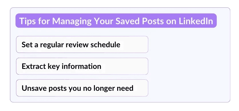 A screenshot showing tips for managing your saved posts on LinkedIn, including setting a regular review schedule, extracting key information, and unsaving posts you no longer need