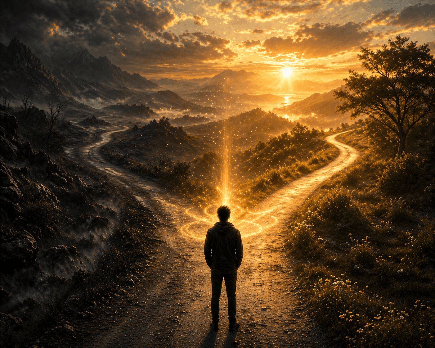 A person standing at a forked path at sunset, choosing between a dark winding road and a bright illuminated path