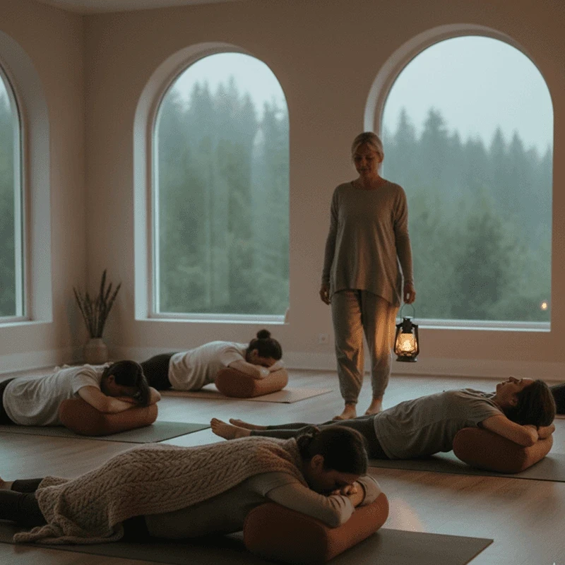 A tranquil, sun-lit scene of a person in a restorative yoga pose, supported by a bolster and blankets in a bright, minimalist studio. The soft natural lighting and neutral tones create a peaceful atmosphere of deep relaxation and stillness.