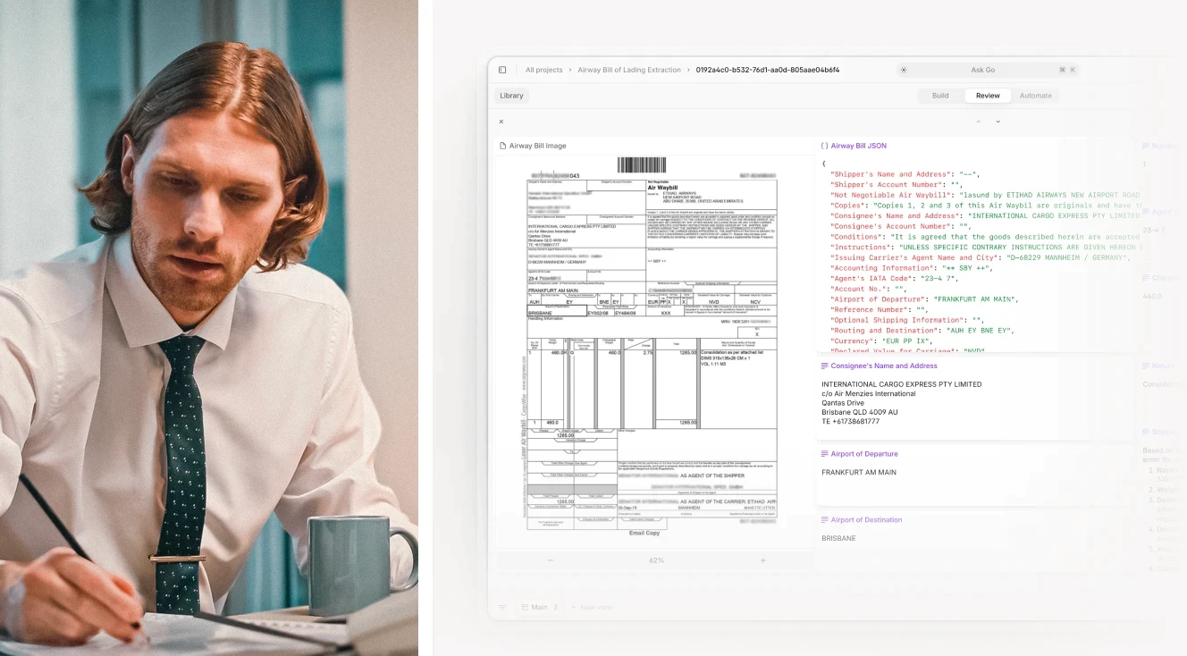 A split-screen image of a professional reviewing documents and a digital interface displaying extracted data from a document