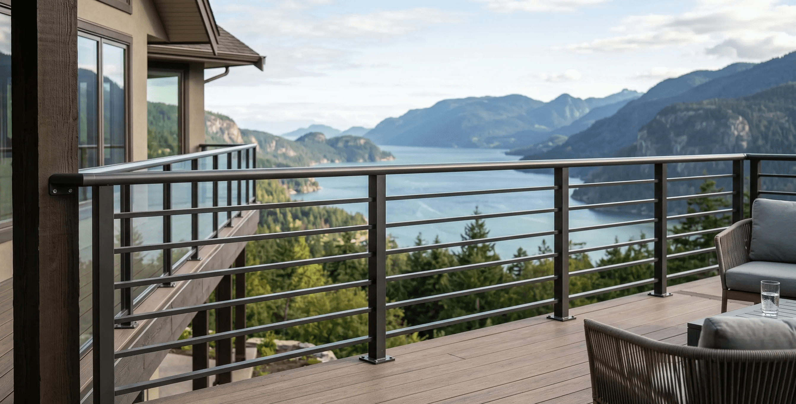 Frameless 12mm glass railing on a Pacific Northwest deck overlooking a landscaped garden, pool, and forested hillside