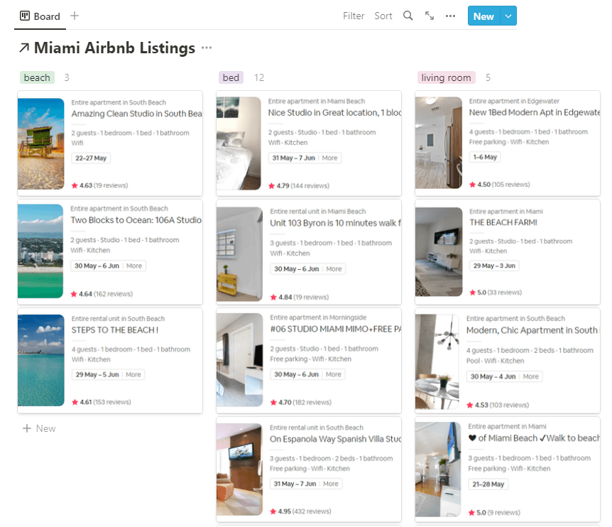 A screenshot showing a database of images saved from Airbnb. The images are organized into columns labeled "beach," "bed," and "living room," corresponding with the dominant element in each image.