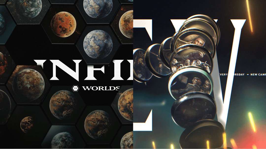 A split image featuring various planets on the left and a futuristic armored figure on the right.