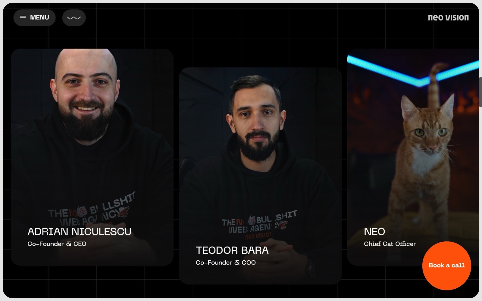 Three portraits: Two men with beards, one labeled "Adrian Niculescu," another "Teodor Bara." A cat labeled "Neo, Chief Cat Officer.