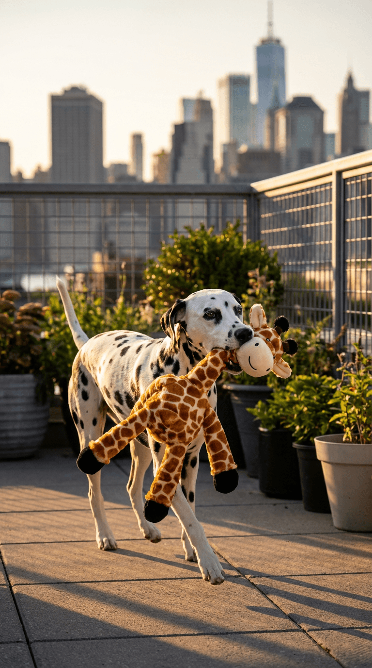 Dalmatian carrying a giraffe plush toy on a rooftop garden with a city skyline at golden hour
