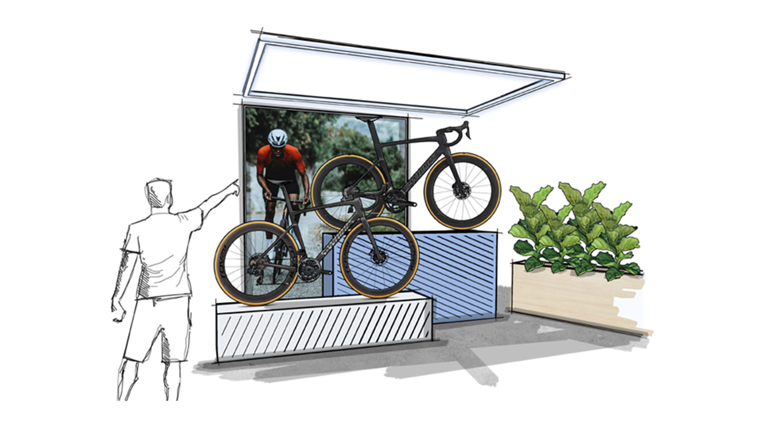 Hand-drawn sketch visualising a branded cycling activation space