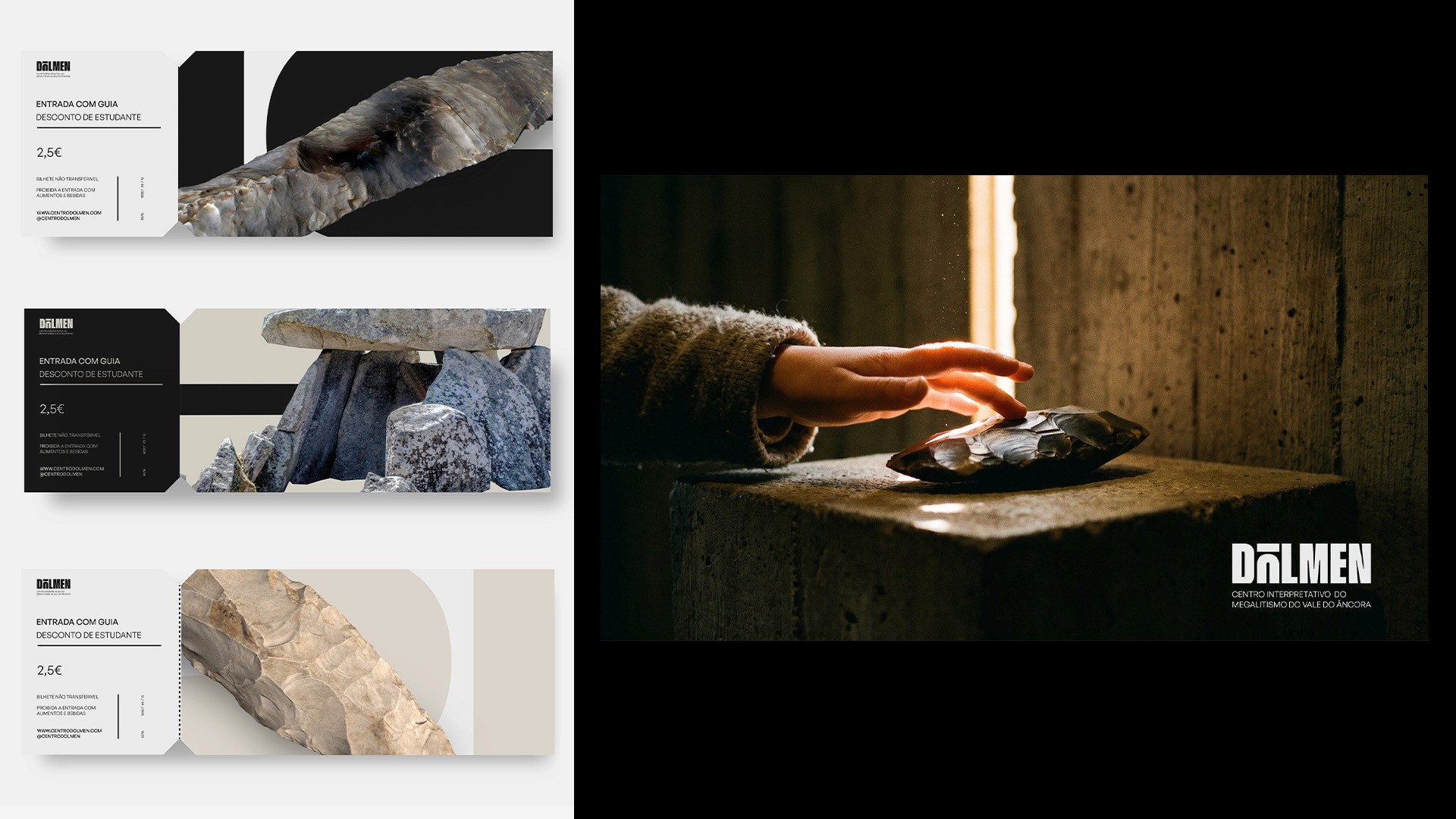 Dolmen admission ticket designs alongside a photograph of a hand touching a Neolithic stone tool