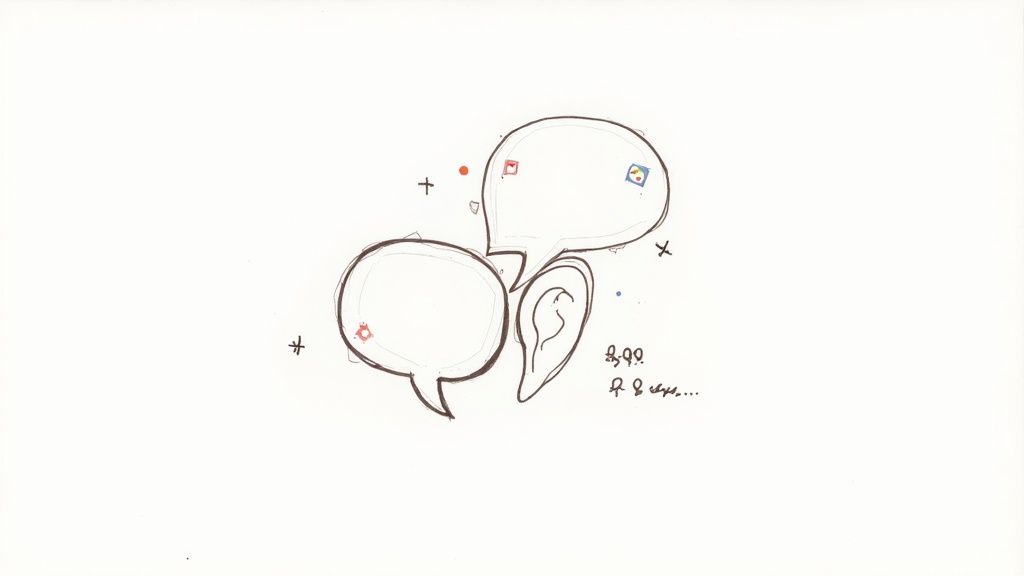 A hand-drawn sketch features two speech bubbles, an ear, and scattered symbols, representing communication.