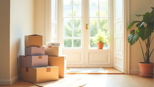 A stack of neatly arranged delivery boxes in a sunlit entryway, representing items purchased with confidence through smart online shopping