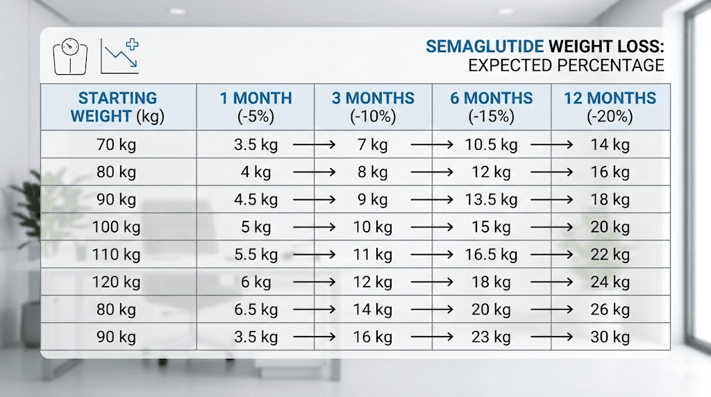 Semaglutide weight loss by starting weight chart at key milestones