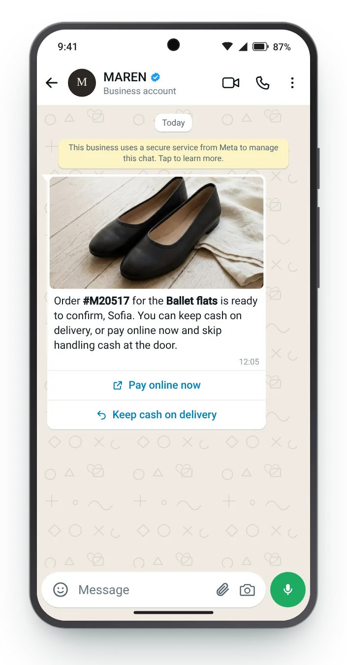 Offer to switch to prepaid: WhatsApp COD confirmation on an Android phone