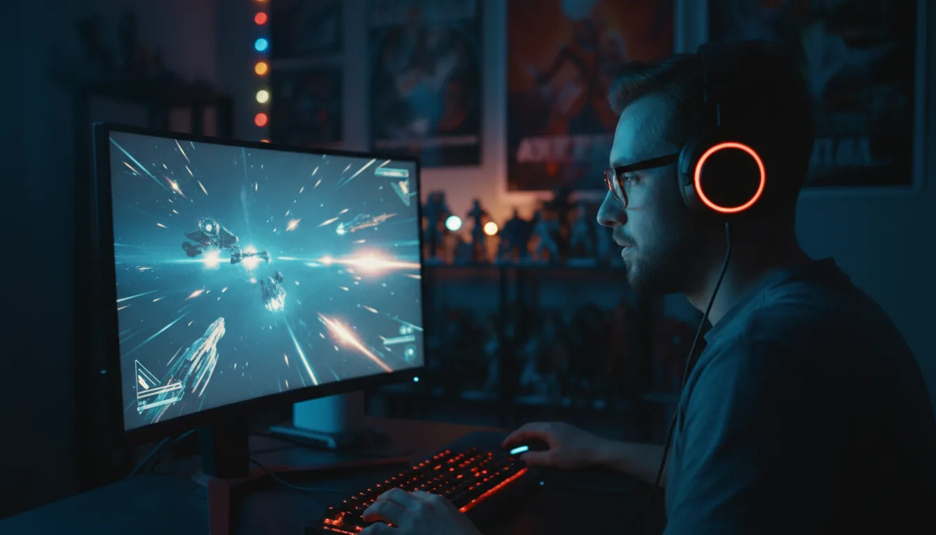 DSLR photograph, over-the-shoulder shot of a male gamer in a dark room, illuminated by the cinematic glow of his computer setup. The scene has high-contrast lighting, with cool blue light from a large monitor displaying a vibrant, fast-paced sci-fi video game and a warm red glow from an illuminated keyboard. The gamer is in sharp focus, wearing glasses and a gaming headset with glowing red-orange circular LEDs. Shallow depth of field creates a soft bokeh effect in the dark background.