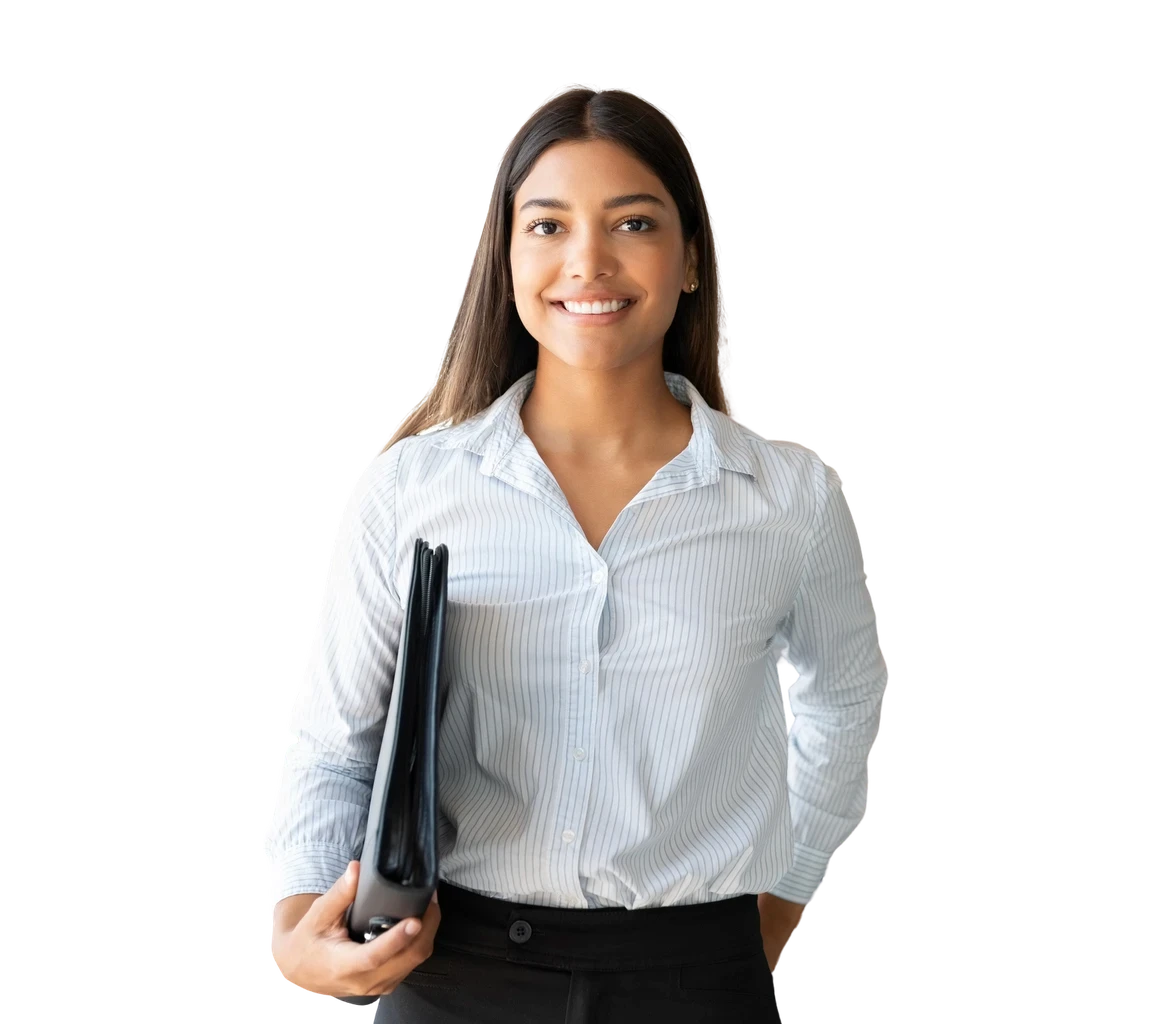 Professional holding a folder, smiling