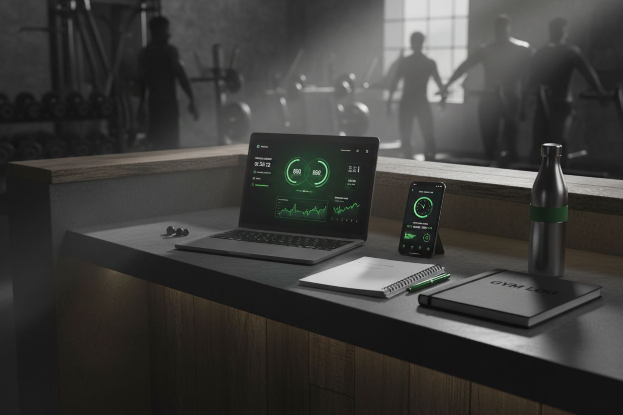 A laptop, notebook, and phone used for workout tracking
