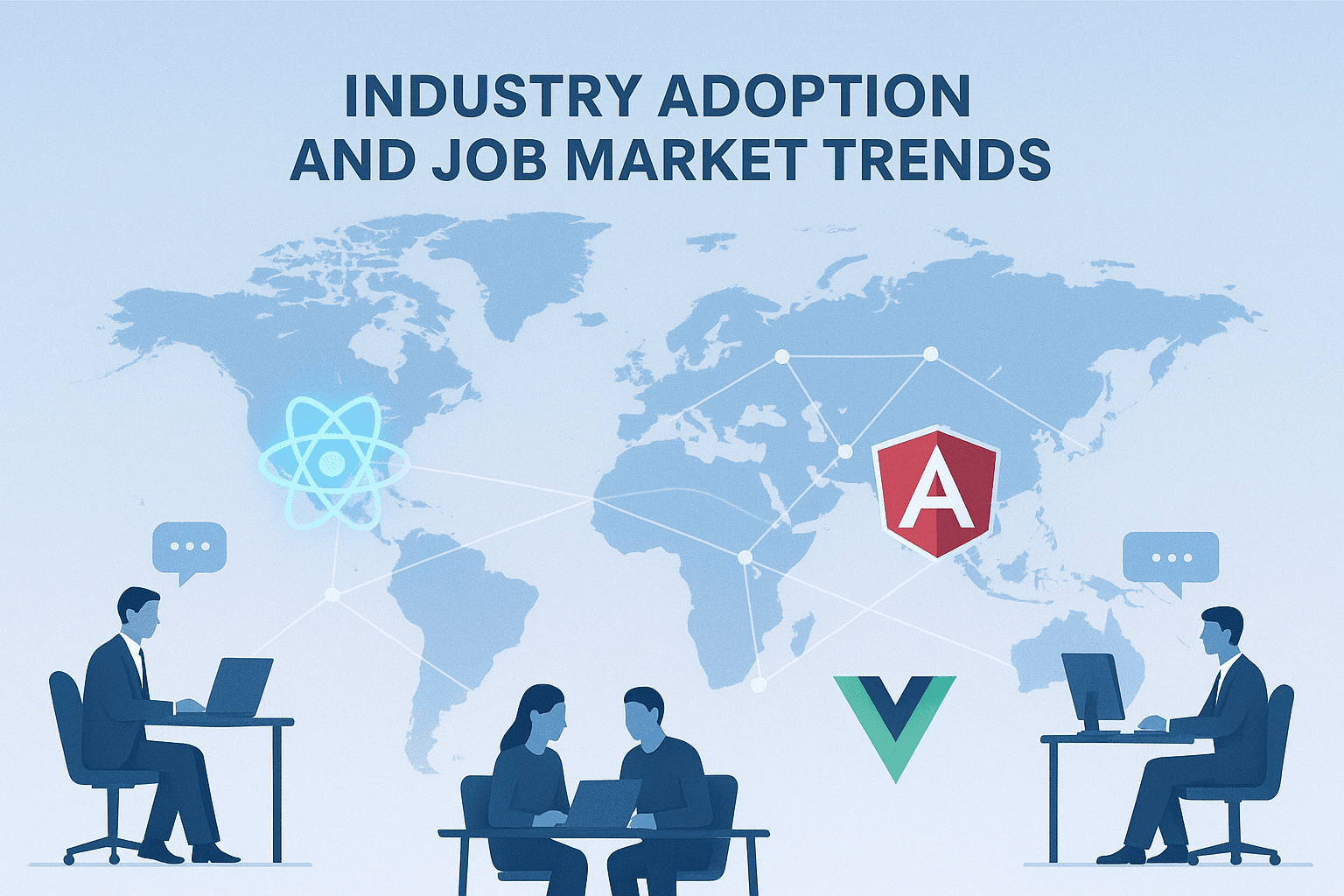A blue world map with a network overlay connecting developers sitting at desks. The logos for React, Angular, and Vue are positioned above the map, indicating that all three frameworks have widespread global adoption and a strong presence in the job market.