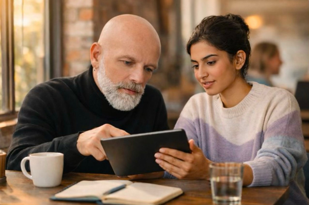 A younger Gen Z employee and an older Gen X manager collaborating at a table with a tablet in a café