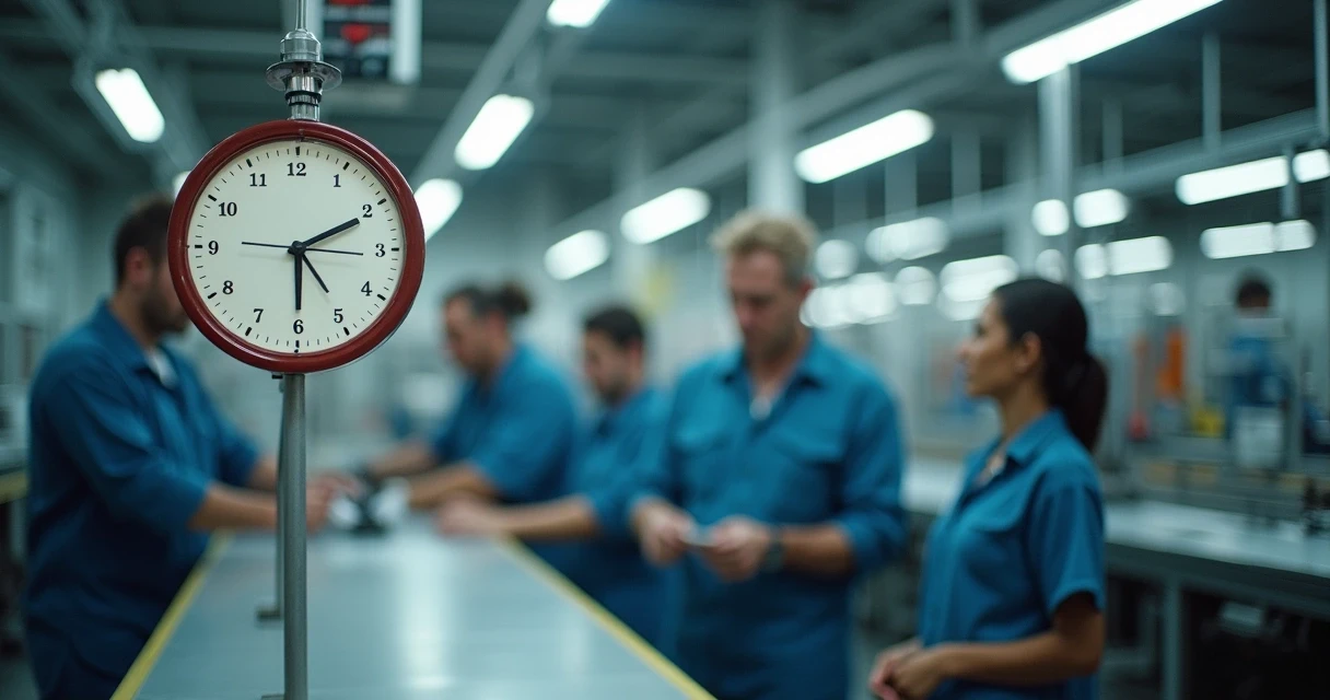 Funcionários de fábrica trabalhando em linha de montagem, mostrando relógio na parede com jornada de trabalho. 