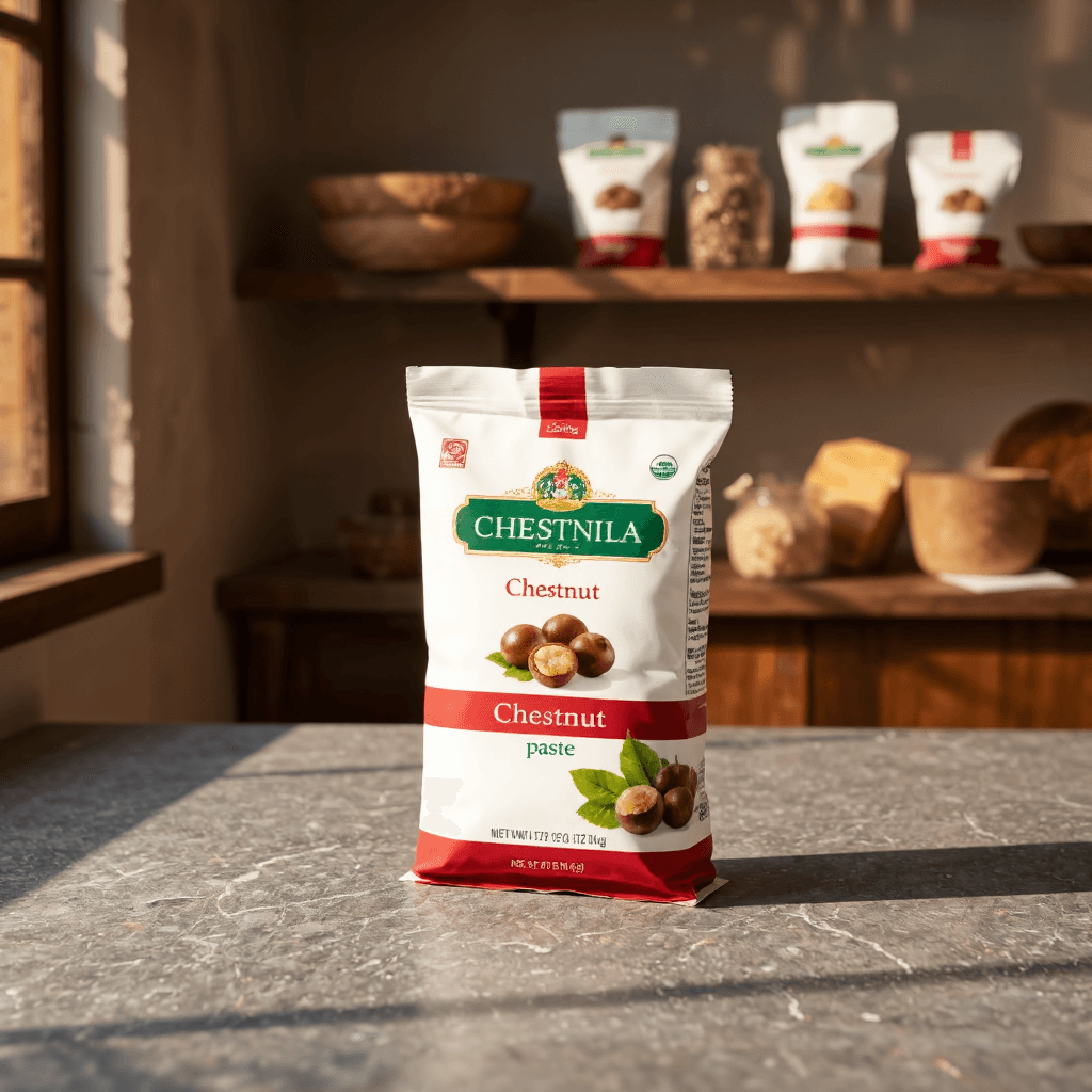 product photography of a package of chestnut paste, used for cooking and baking