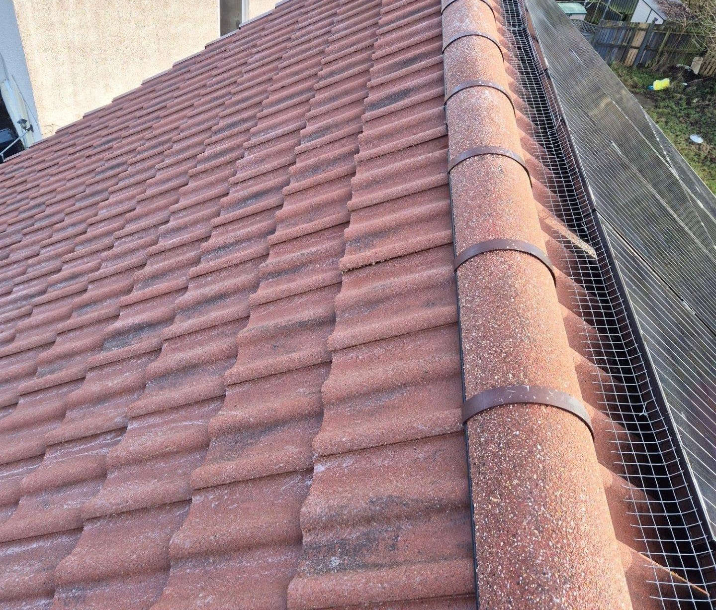Red-tiled roof with a ridge covered by semicircular tiles, bordered by a mesh guard.