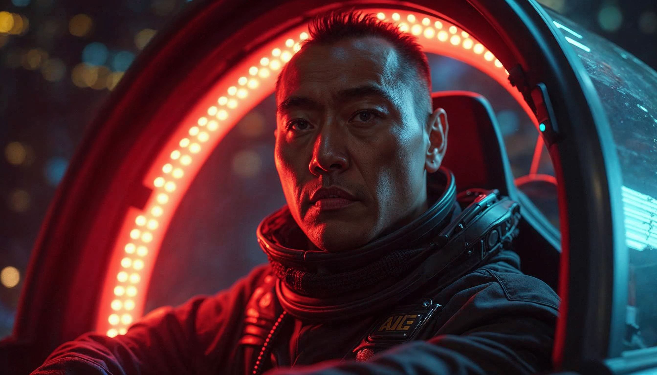 A man in a futuristic cockpit is illuminated by red and white circular lights. He wears a dark, high-tech suit, looking thoughtfully forward, with a high-tech background blurred by bokeh effects.