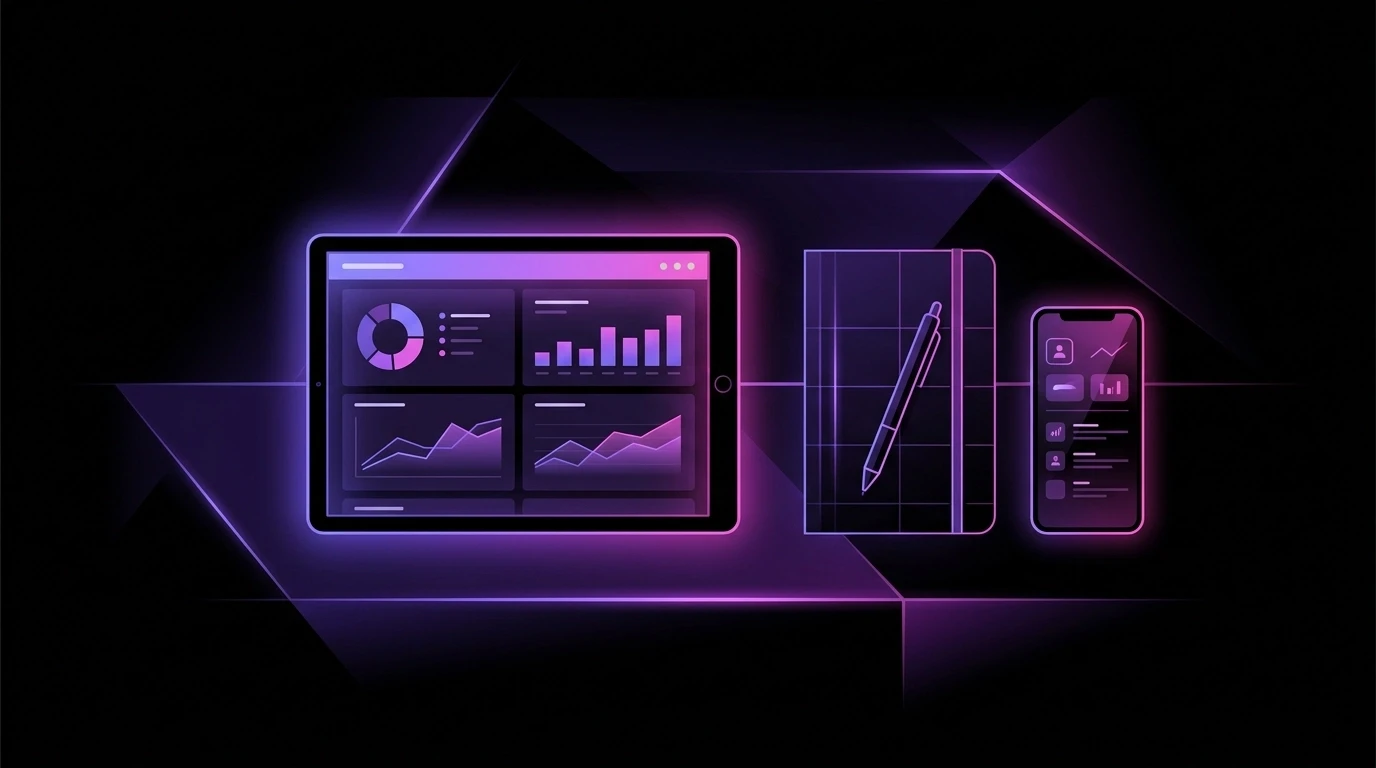 embedded: A clean, high-contrast workspace with a tablet on a desk displaying an analytics dashboard. Accompanied by a notebook and smartphone, highlighting the professional environment where business owners begin their data-driven journey.