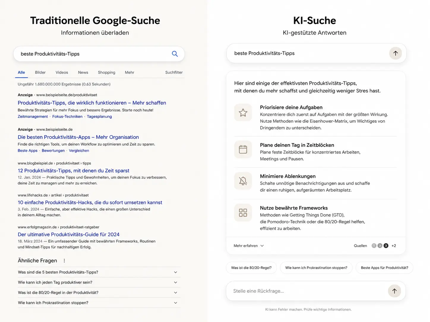 Vergleich zwischen klassischer Google-Suche mit vielen Suchergebnissen und moderner KI-Suche mit direkt zusammengefassten Antworten und strukturierter Informationsdarstellung.