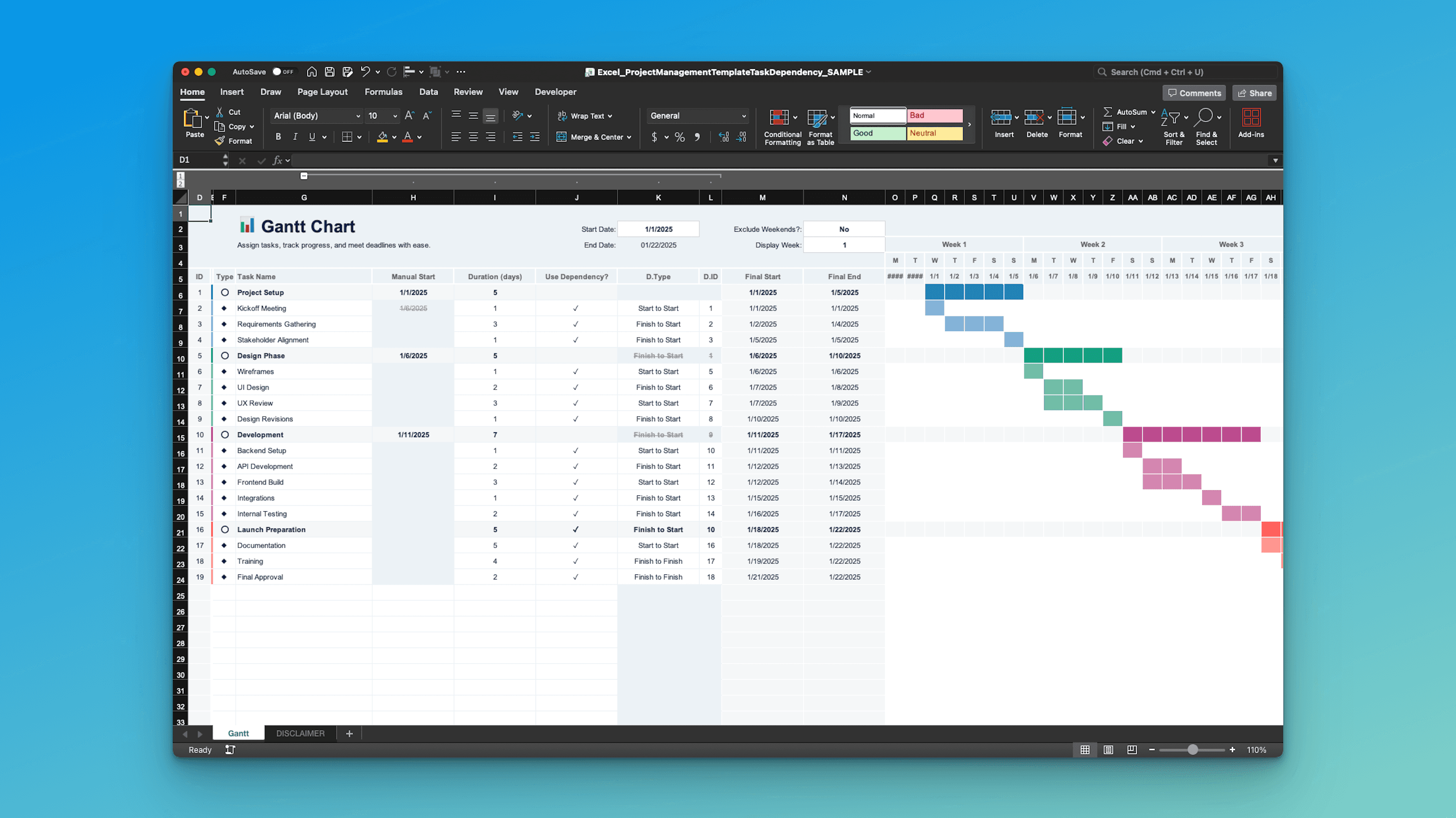 Excel project management Gantt chart featuring task dependencies – detailed view with manual starts, durations, dependency types, final dates, and color-coded timeline bars for project setup, design, development, and launch phases