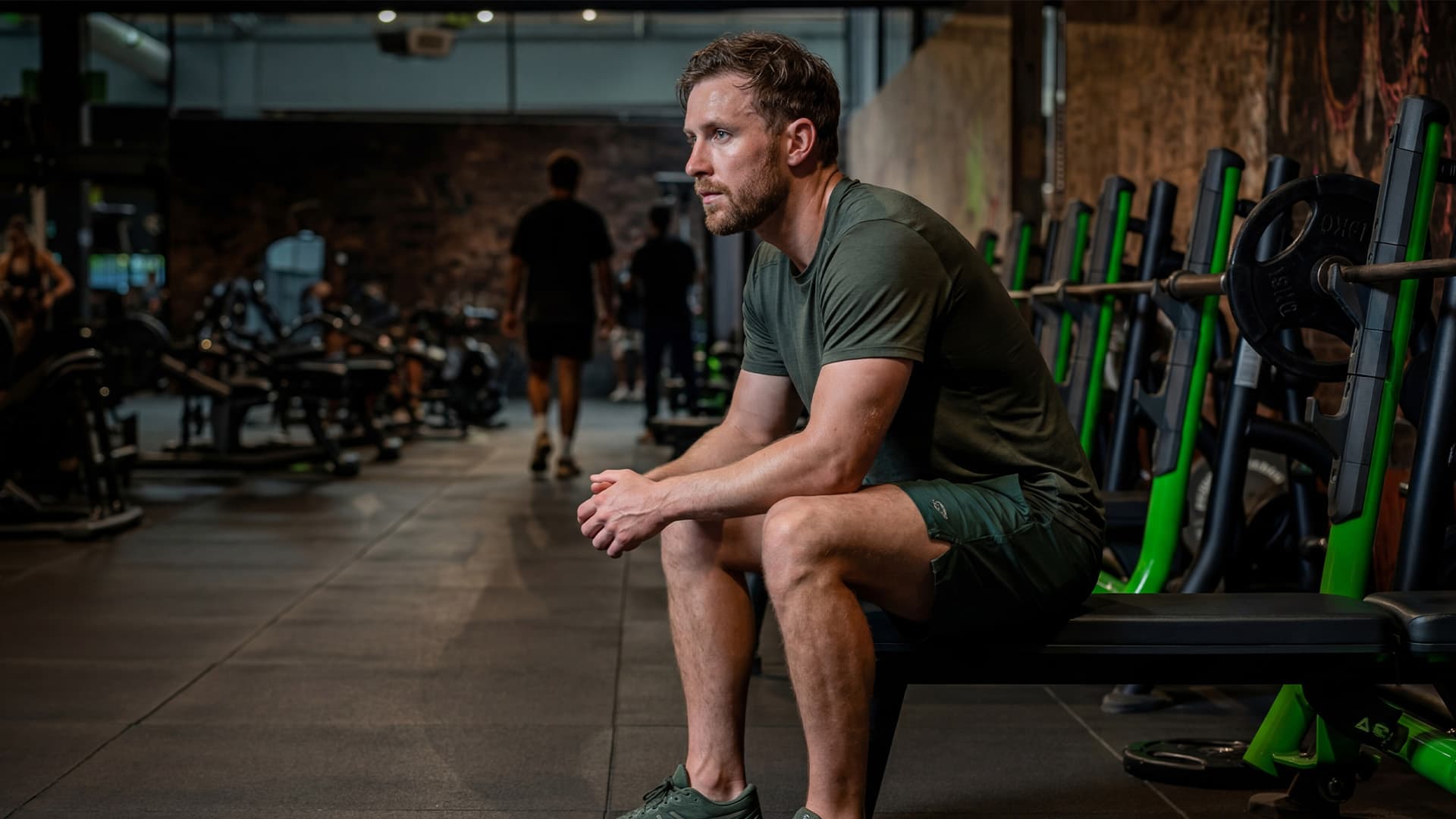 Mann sitzt nachdenklich auf einer Gym-Bank und reflektiert seinen ausbleibenden Trainingsfortschritt