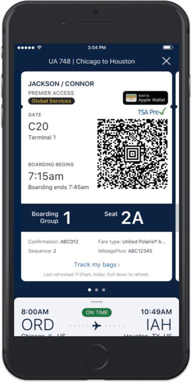 Image of the screen for a United airline ticket.