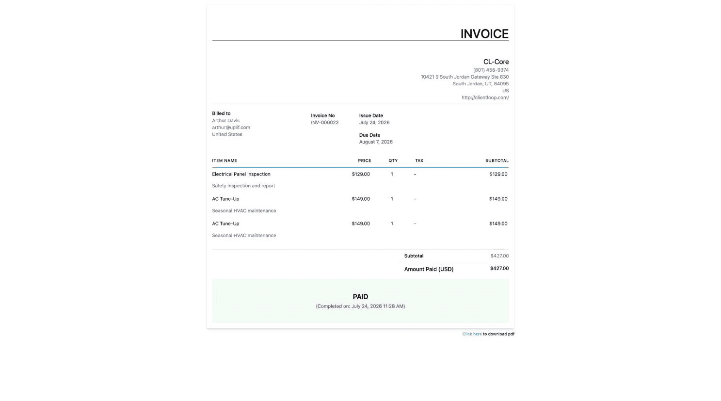 The customer’s own invoice, stamped PAID with a completion time