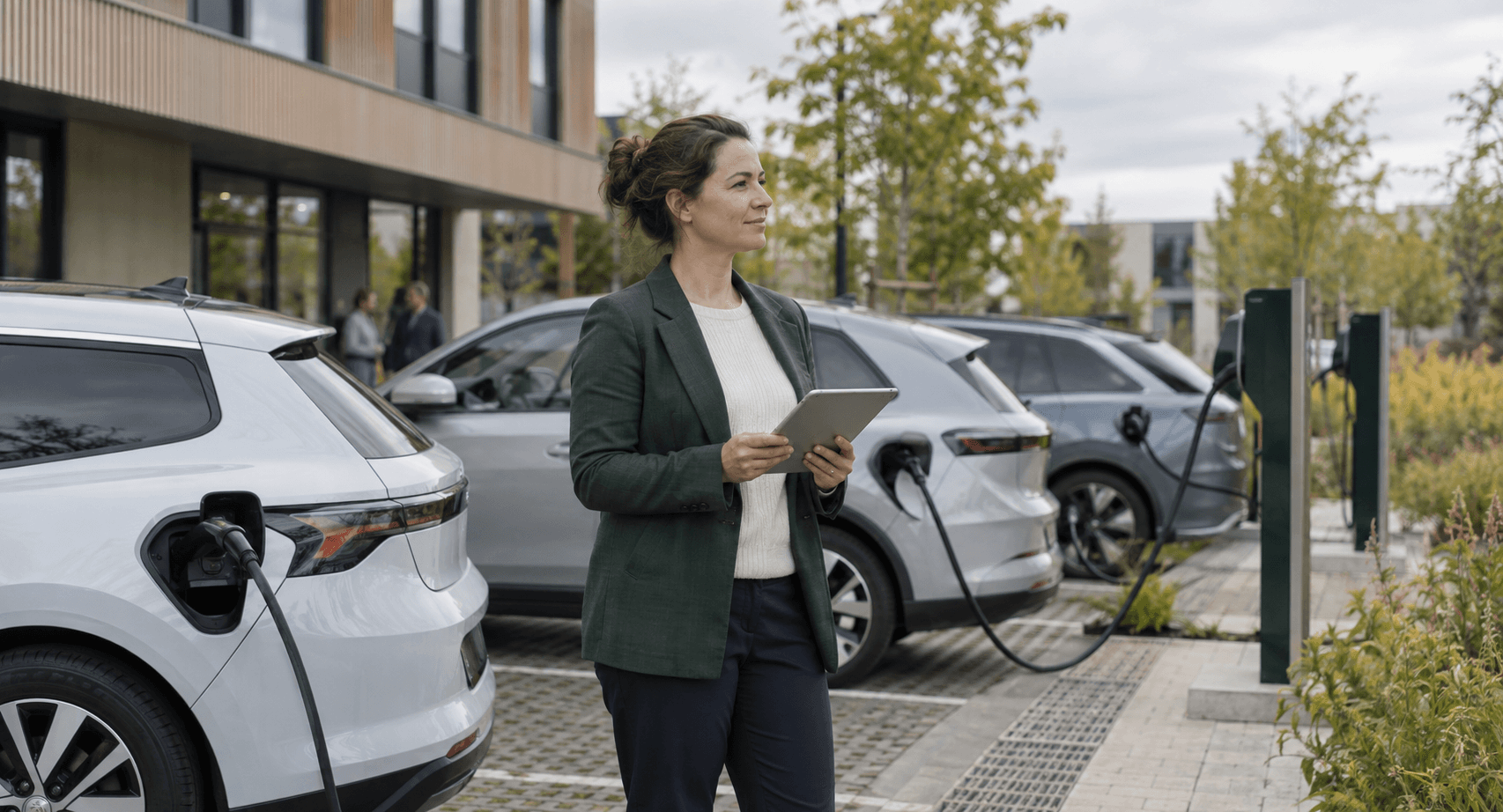 Flottenkoordinatorin mit Tablet neben angeschlossenen Elektrofahrzeugen an Ladepunkten.