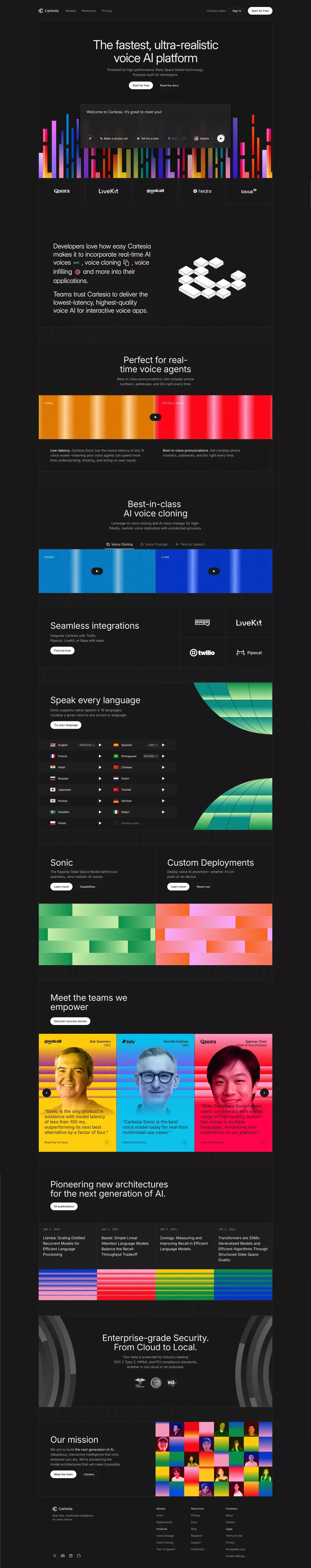Cartesia - The fastest, ultra-realistic landing page screenshot showcasing AI and Tech design