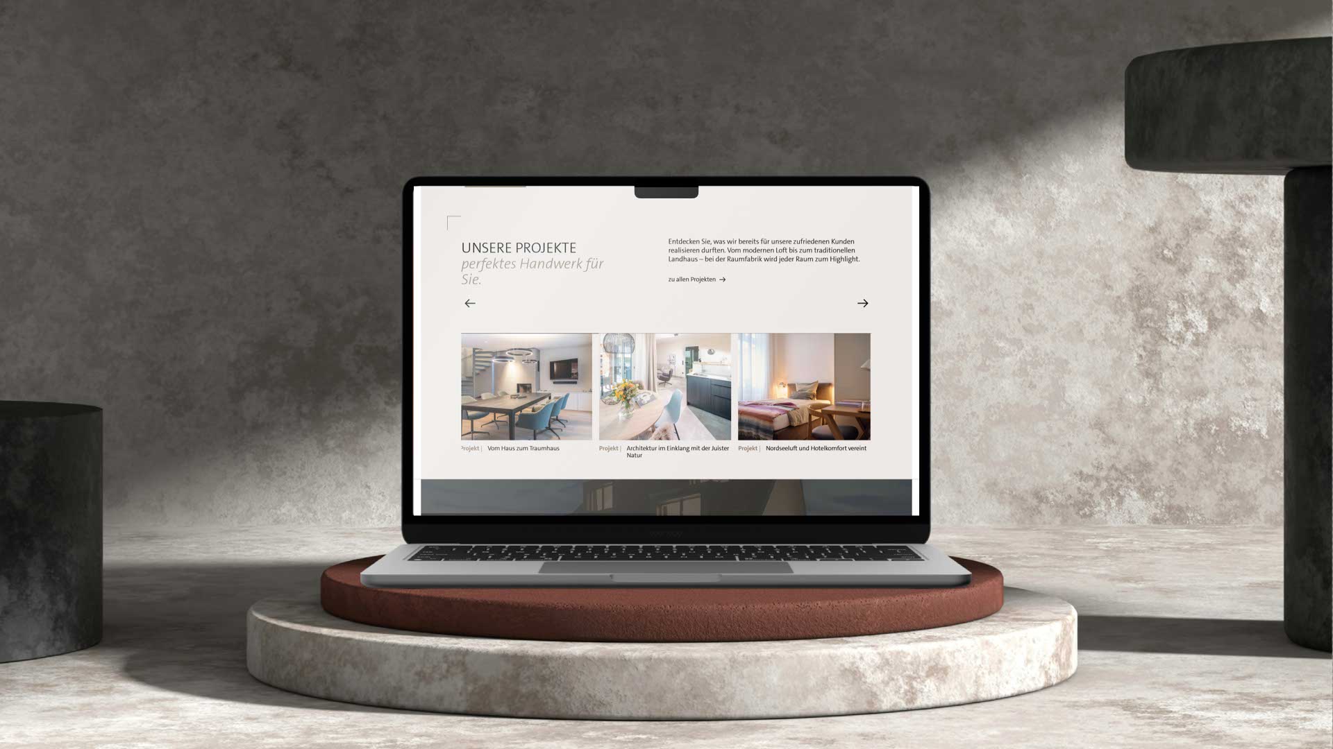 Raumfabrik-Website mit architekturbezogenem Layout, großflächigen Bildern und klarer Markenbotschaft