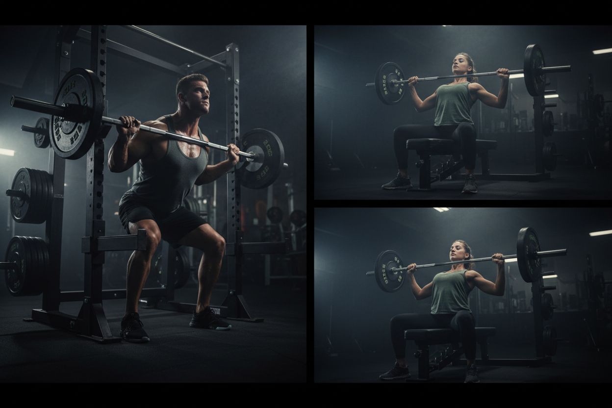 Athletes performing squats and bench press