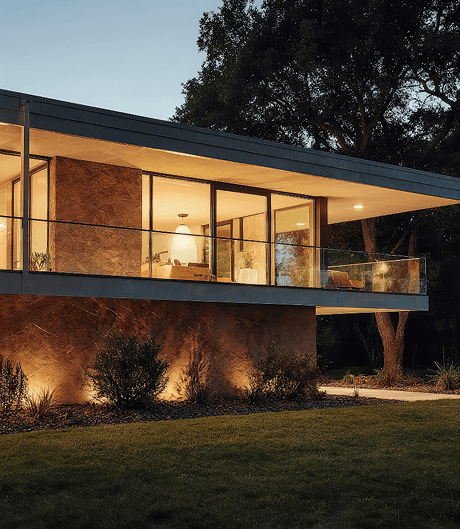 Balcony house with glassy interiors and yellow lighting