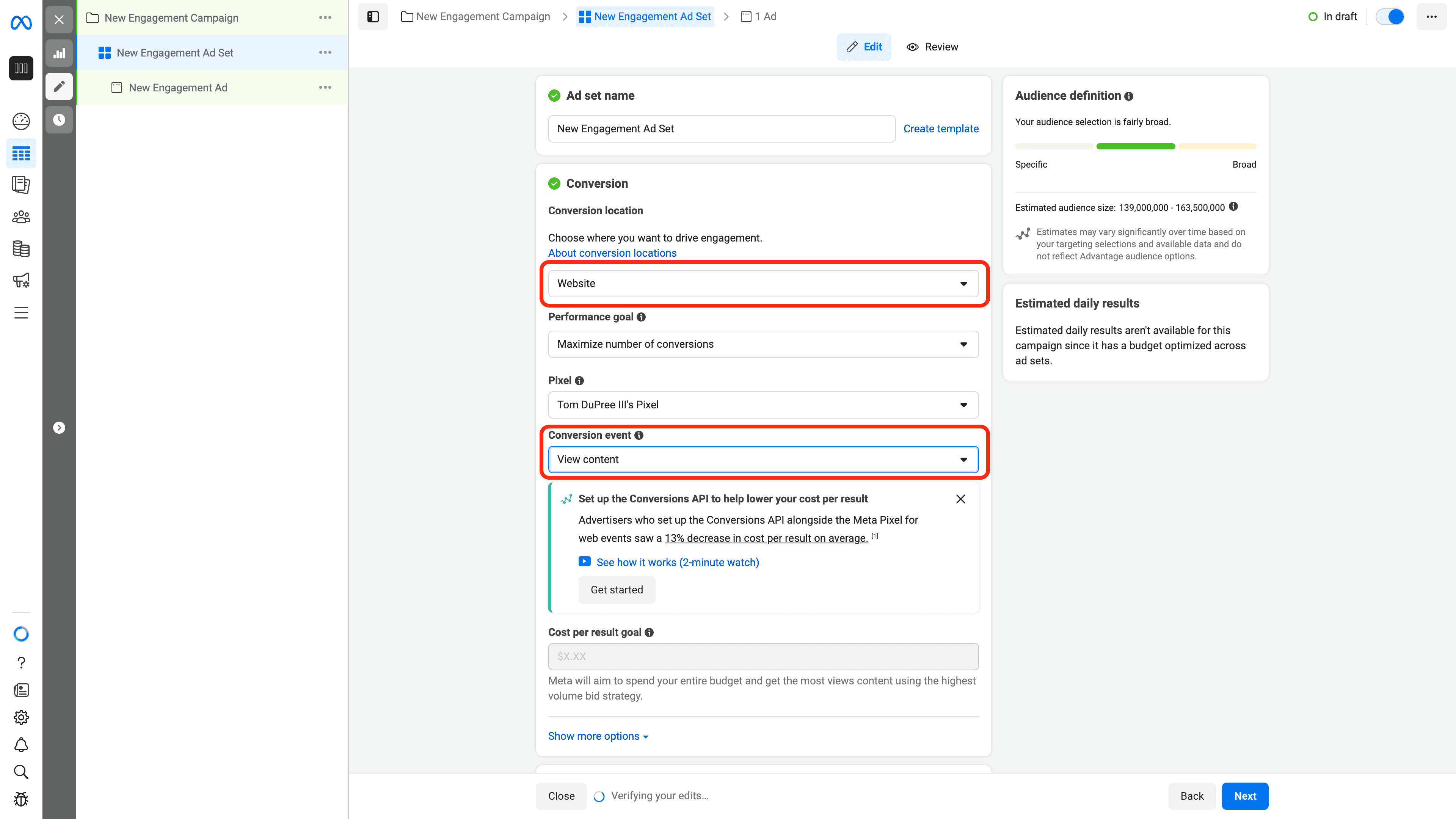 Meta conversion settings