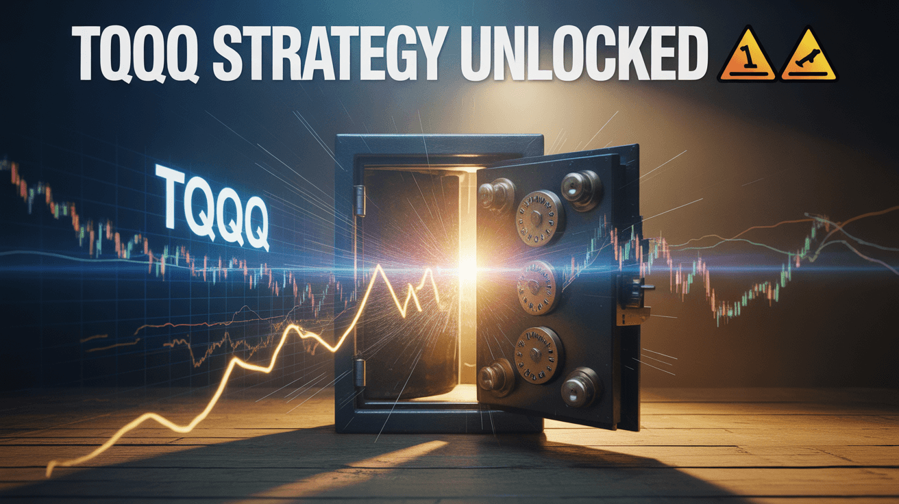 Bursting safe with glowing TQQQ symbols and TQQQ Strategy Unlocked text in dramatic blue gold scene