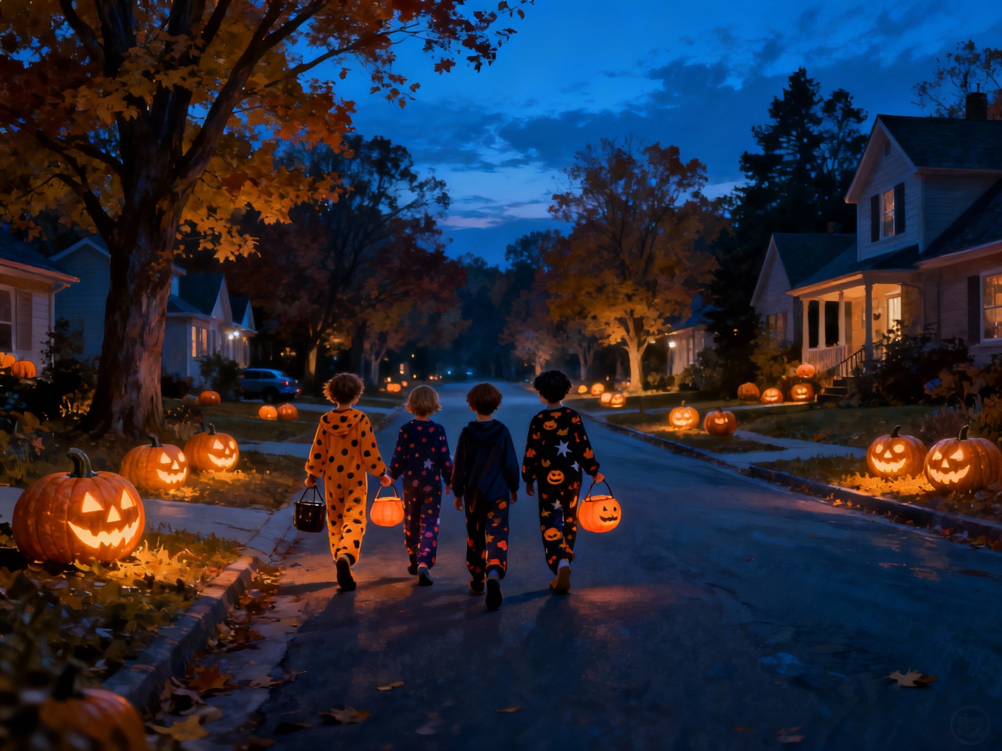 An expansive scene at twilight showing a group of children in playful Halloween-themed pajamas