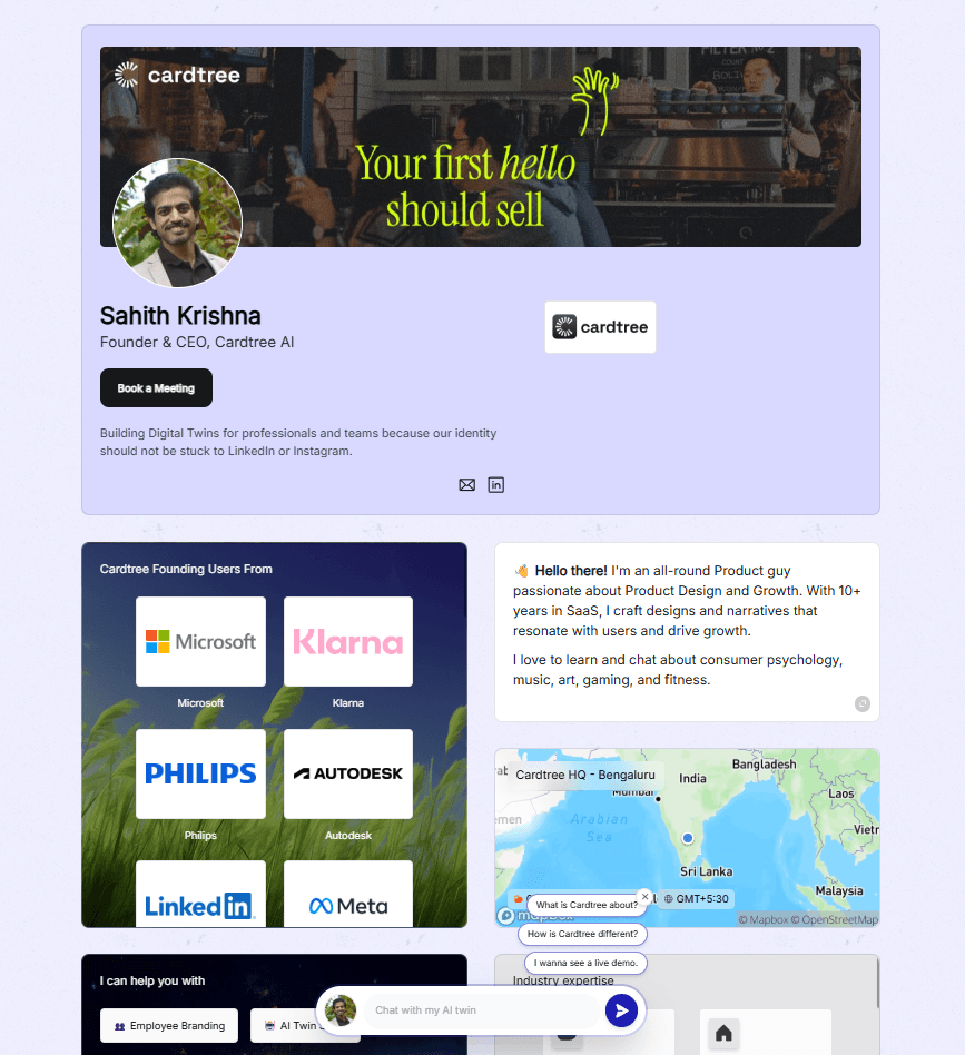 Founder link in bio profile showcasing a tech stack, company logos, and a portfolio of successful projects.