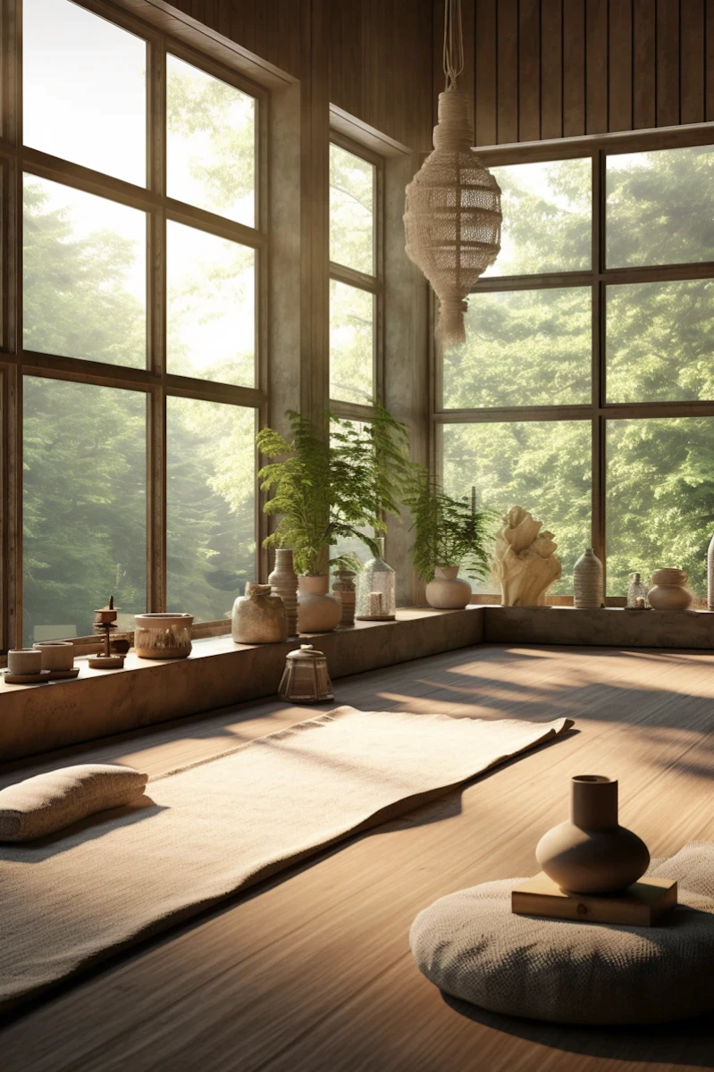 : Sun-drenched indoor garden atrium filled with lush tropical plants, wooden seating, and large windows.