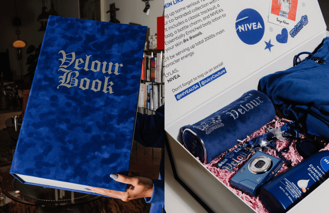Two images showing a fancy keepsake box made of velour for Nivea x Juicy Couture.