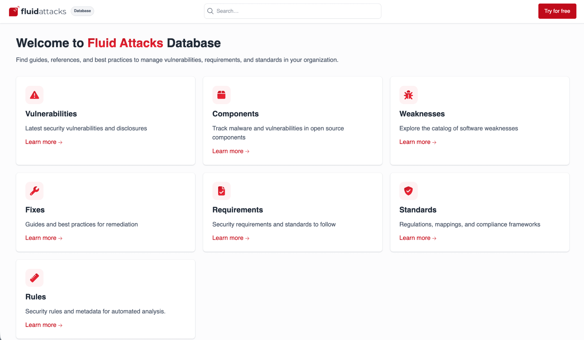 Inicio de Fluid Attacks Database con sus ocho secciones