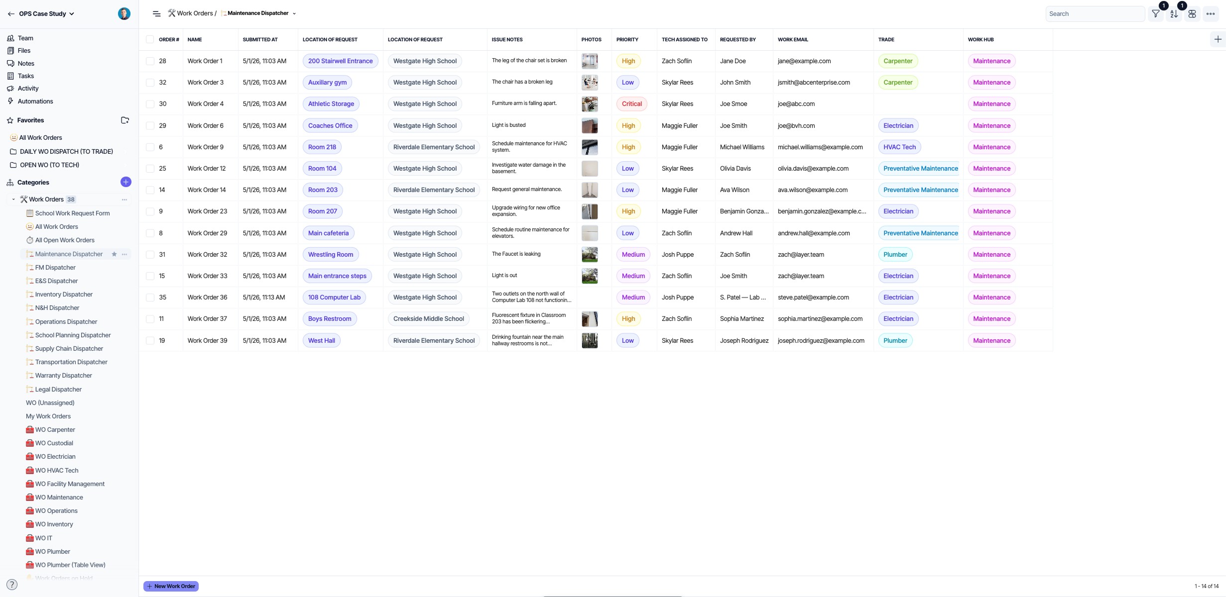 A table view built to dispatch work requests by trade, in this case, Maintenance crews.