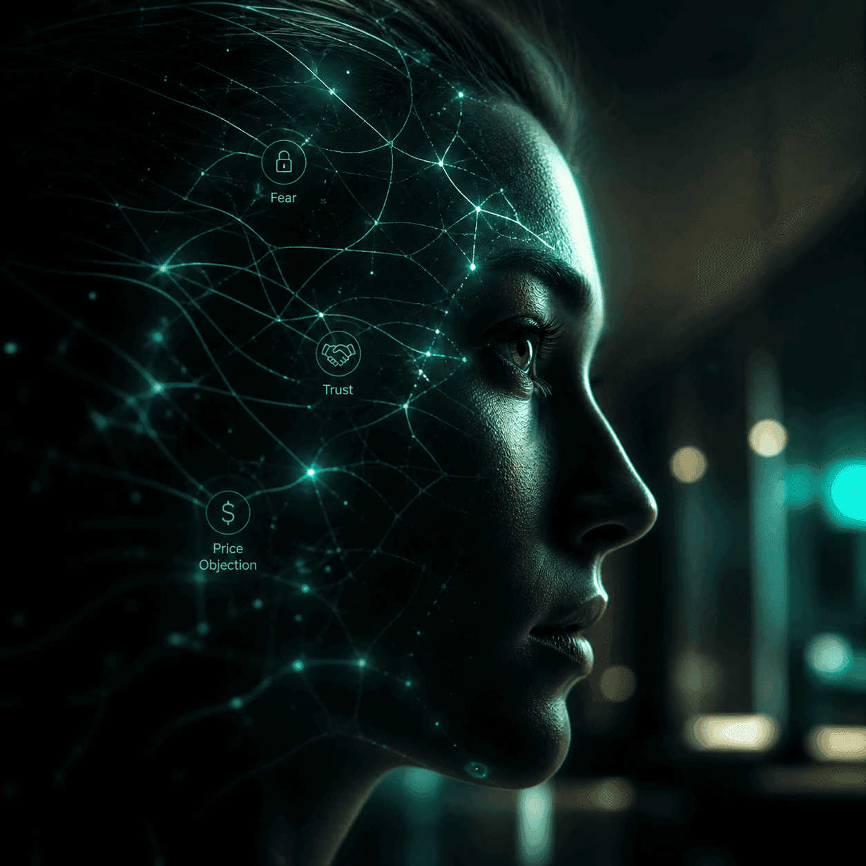Vixilia strategic marketing visualization of a patient’s internal behavior analysis. A close-up profile of a woman's face is overlaid with a glowing turquoise neural network, with embedded icons and exact labels. A padlock icon is labeled 'Fear', a handshake icon is labeled 'Trust', and a dollar sign icon is labeled 'Price Objection'. This represents the precise behavioral analysis of a patient's internal psychological drivers and objections when deciding on high-ticket clinical treatments, illustrating how understanding patient psychology builds trust to drive clinic conversions. Shot on Sony A1.