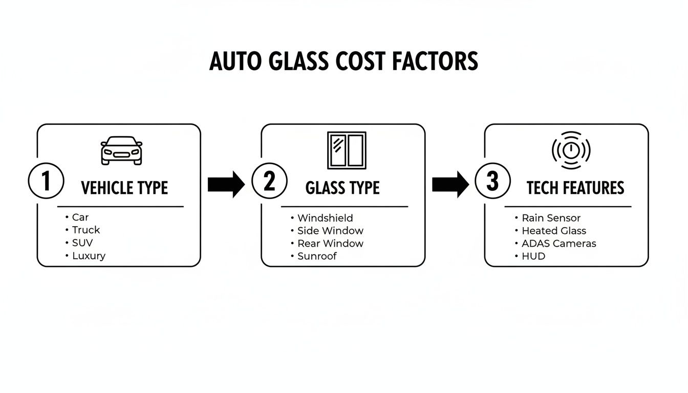 Diagram illustrating auto glass cost factors: vehicle type, glass type, and tech features.