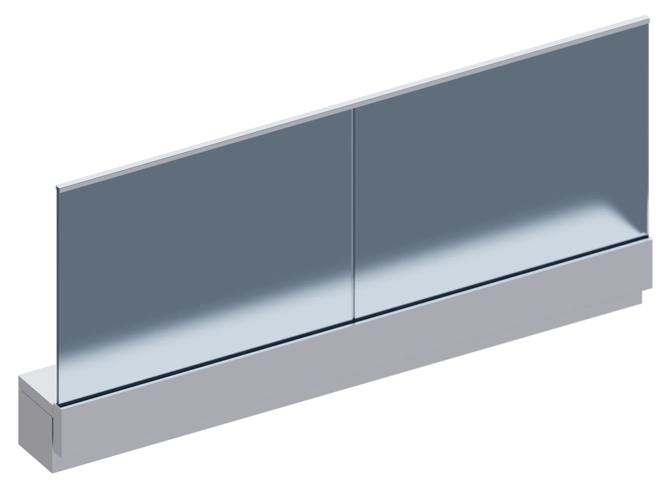 3D Darstellung eines Ganzglasgeländers mit Alu Profilschiene und kleinem Kantenschutz oben aufgesetzt